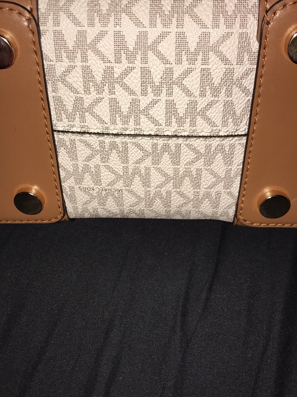 Michael Kors White & Tan Monogram Mini Drawstring Bucket Bag
